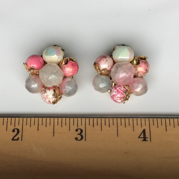 Vintage Mixed Bead Button Clip Earrings Pearl Pink Pastel with Gold Accents - Picture 10 of 12